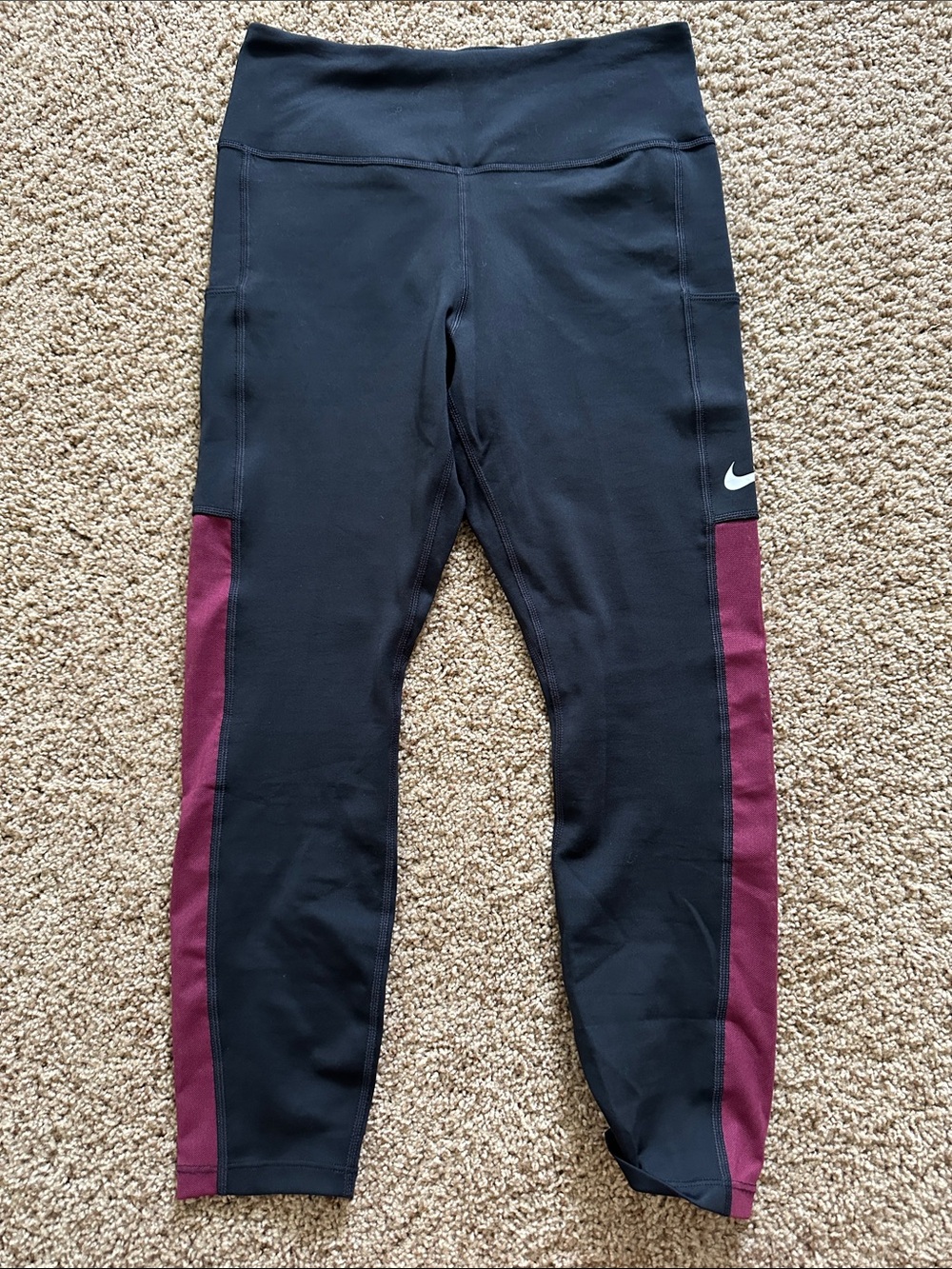 Nike Black Leggings with Burgundy Side Panels